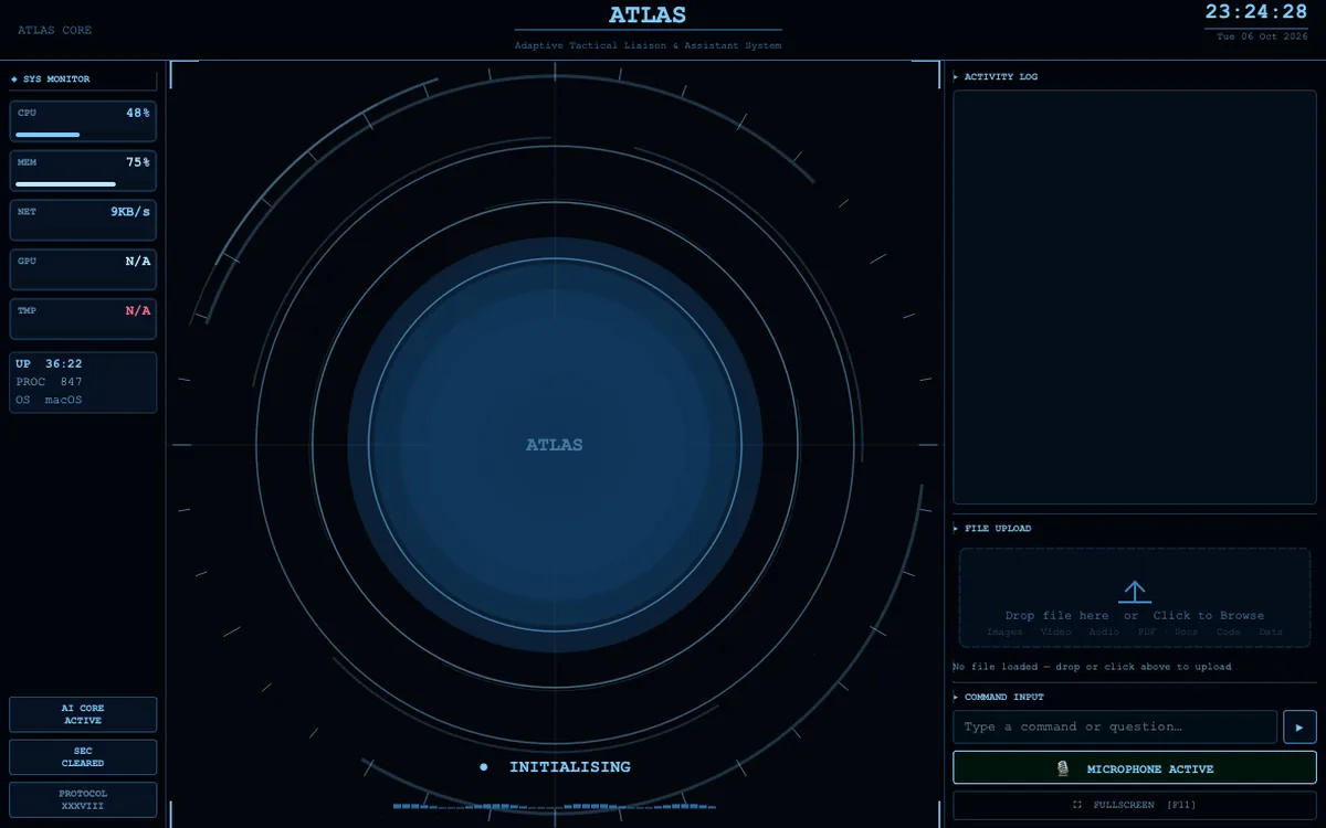 Atlas desktop interface: a glowing core surrounded by a system monitor, activity log, file upload and command input