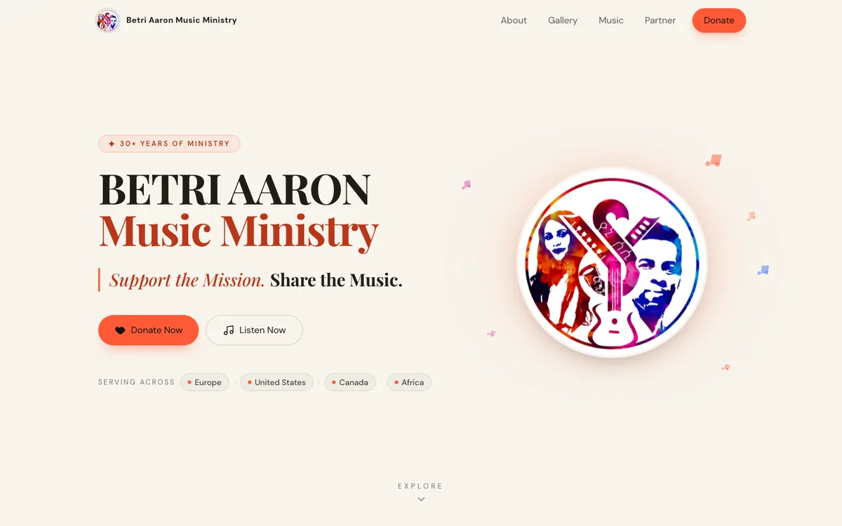 Betri Aaron Music Ministry home page with a Donate Now button and the ministry logo