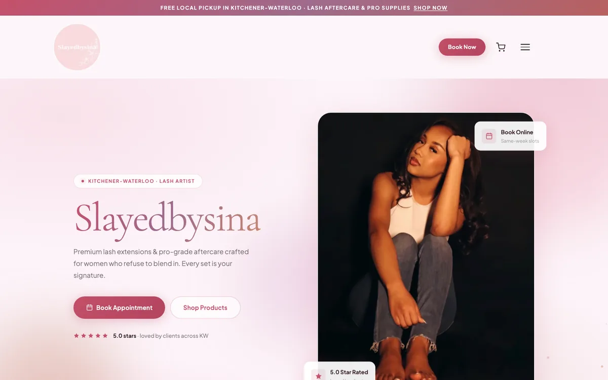 Slayed by Sina home page for a lash studio with a Book Appointment button and a 5.0 star rating
