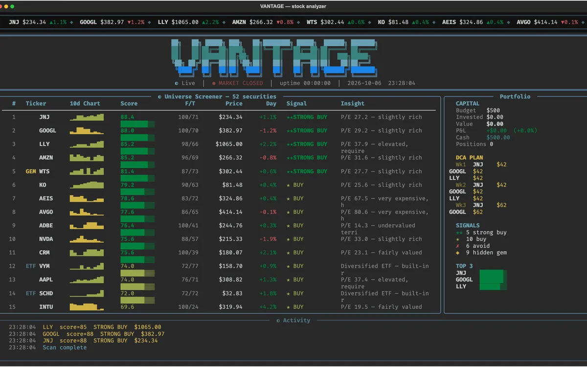 Terminal dashboard ranking 52 stocks and ETFs with scores, sparklines, buy signals, a portfolio panel and a dollar-cost-averaging plan